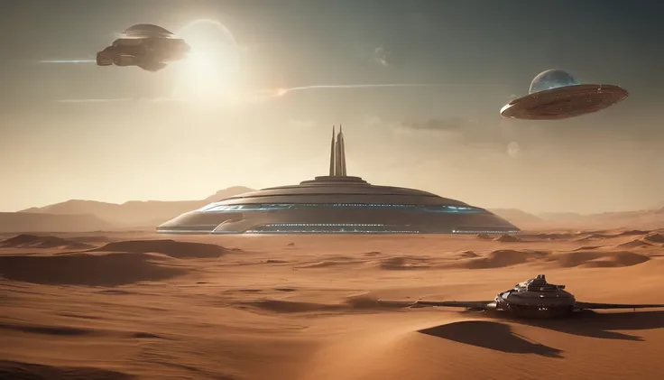 Spaceship flies over alien desert, Has a futuristic structure, A space carrier looms in the sky, Planet Arakis, Huge future temple city, ancient yet future, space opera and dystopian style, future spaceport, Futuristic scene in the desert,