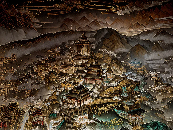 ancient chinese painting, ancient chinese background, mountains, river, auspicious clouds, pavilions, sunlight, masterpiece, super detail, epic composition, ultra hd, high quality, extremely detailed, official art, unified 8k wallpaper, super detail, 32k