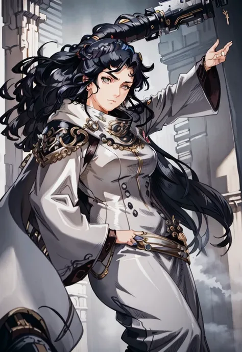 masterpiece,best quality,painting of a woman,((technomancer, intricate outfit, Light Gray theme)),smug look,burly bulky woman,long hair,Champagne black hair,hair,Rosy Brown eyes,very tall,polar,intricate background,dynamic pose,action scene