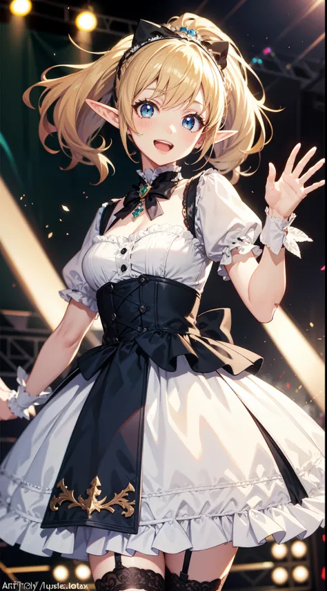 1 elf girl, iolite eyes, hair accessories, (smile:1.1), ponytail, open mouth, corsage, (Lolita Fashion:1.1), waving, jumping, holding microphone, stage, depth of field, blurry background, sharp focus, looking at viewer, cowboy shot, art style by Artgerm, B...