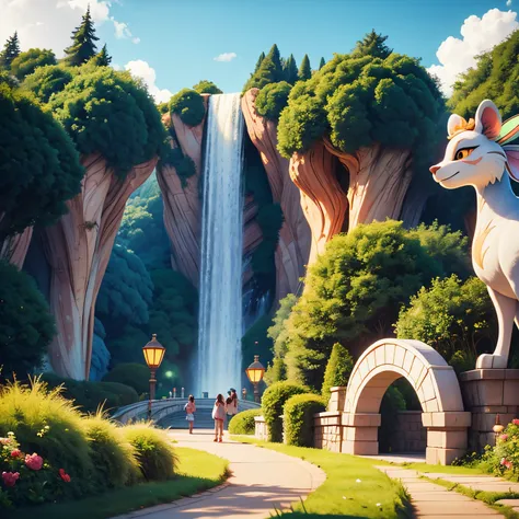 Draw a theme park, where Lyuli walk freely and communicate with wild animals., and wild animals are not afraid of people and approach them, Wild Animal Theme Park, people petting kind wild animals, people hug wild animals, wild animals are very kind, Pixar...