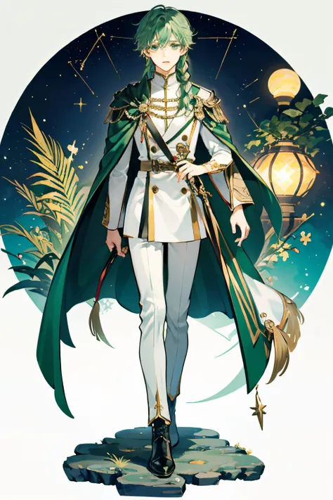 animesque、Adult Male、green colored hair、The long-haired、Braids、neuter、Fantasia、rcasual、cape、long court、boot、Image colorgreen、Soft atmosphere、odd eye、soio、astrologer、constellation、Standing Picture