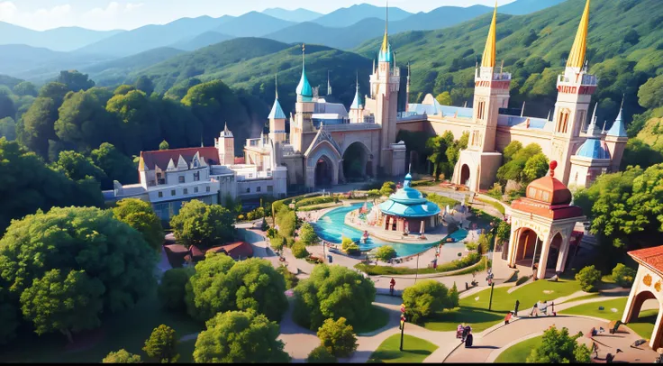 Draw Isometric View of Theme Park, where Lyuli walk freely and communicate with wild animals., and wild animals are not afraid of people and approach them, Wild Animal Theme Park, people petting kind wild animals, people hug wild animals, wild animals are ...