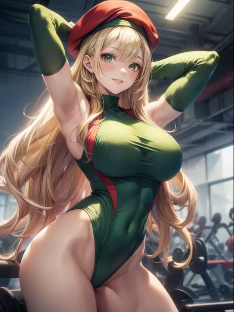 top-quality、Full limbs、complete fingers、Slender beauty、Women with straight hair、(Women with blonde hair)、Longhair Woman、(Red beret)、(Beautiful busty woman:1.3)、(A woman wearing a yellow-green leotard)、A big smile、gym、Muscle training