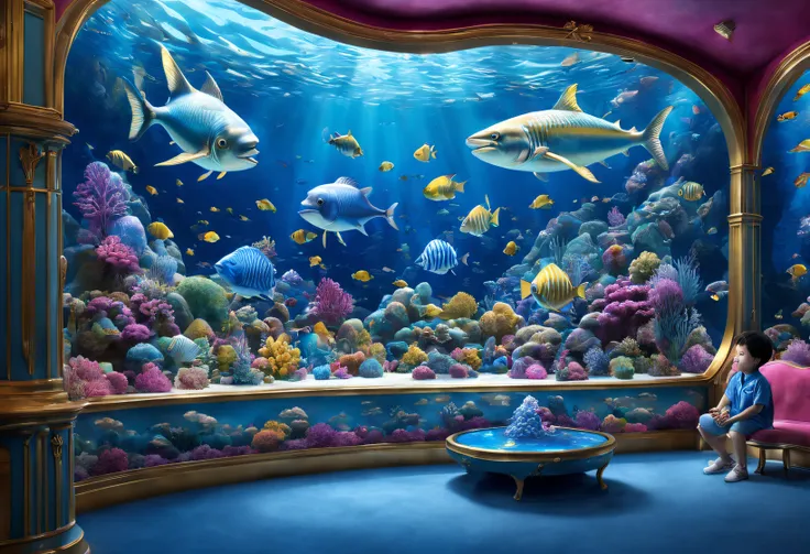 (Aquariums in Cloisonné Theme Park），These children，dreamland dreamland，ultra-realistic realism，Asymmetrical balance ，( magenta ）Carmine＋( blue white colors ）Blue-cyan＋( tin foil gold ）golden colored，pixar character