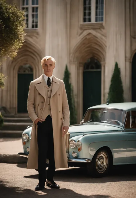 A photo of Draco Malfoy posing in front of a vintage Rolls-Royce, wearing designer clothing and holding a Montblanc fountain pen.,Harry Potter series,Draco is tall with neat platinum blonde hair, icy blue eyes, wears Slytherin Hogwarts robes, famously port...