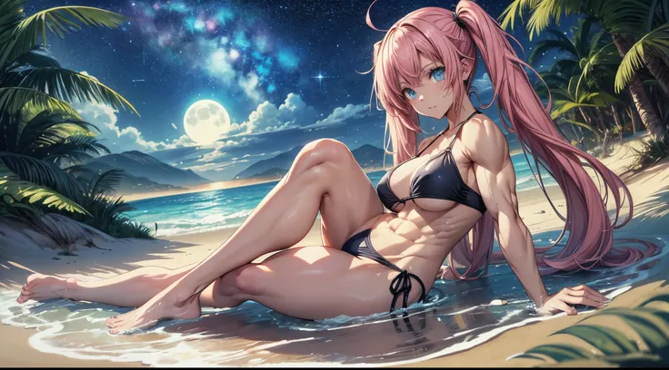 1 girl, (medium breasts))), (((wearing short bikini))), (long pink hair), (((blue eyes))), thin arms, (on the beach at night with starry sky and full moon) , (slim waist), (((muscular legs))), muscular belly, bare feet, (((lying on the sand showing her big...