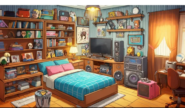 quarto dos desenhos animados com uma cama, mesa, estante, and a television, fundo do quarto pessoal, Arte de fundo, fundo do quarto, quarto estilo fabricante de rpg, arte de fundo, an 80s bedroom, quarto adolescente cyberpunk, Cyberpunk Childrens Room, art...