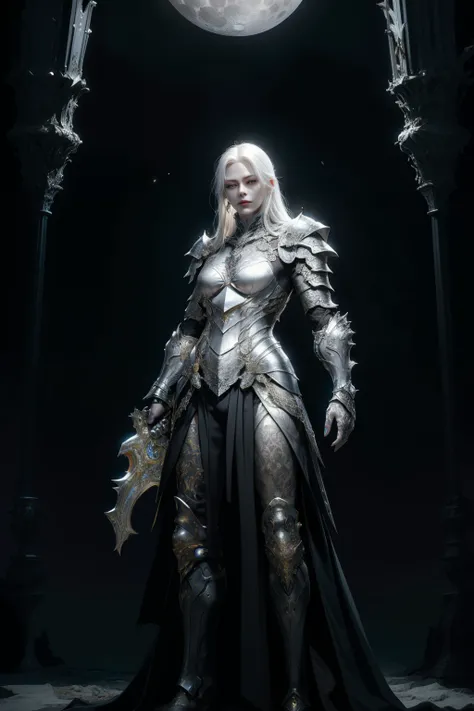 a realistic woman, 50 years old, albino skin, very white and gray skin, tattoos on her entire body, with dark black hair, very long hair, wearing armor, golden armor, long armor, fractal background, in the background there is a moon, background dark, moonl...