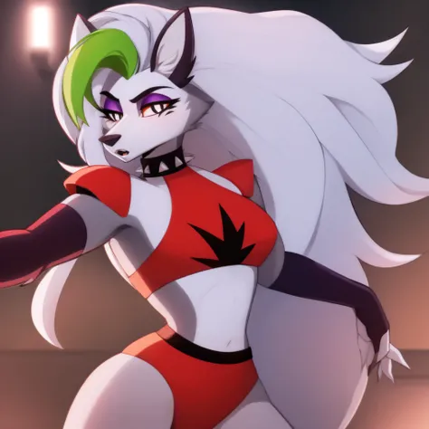 best quality, (roxanne fused with loona:1.1), solo, furry female, body fur, makeup, sexy clothes