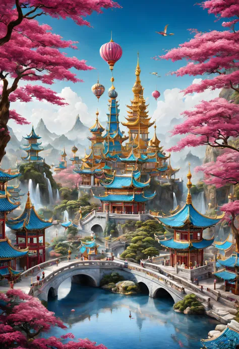 （Very unified CG design），（Poster design）， (cloisonne theme park poster），（）Poster with text China Cloisonné Theme Park），dreamland dreamland，ultra-realistic realism，Asymmetrical balance ，( magenta ）Carmine＋( blue white colors ）Blue-cyan＋( tin foil gold ）gold...