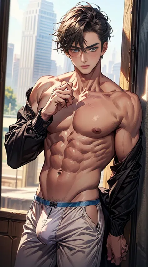 (masterpiece best quality 8k ultra-detailed:1.5) ultra realistic, solo young male muscular handsome (((perfect face,perfect eyes))) ((topless)) (undercut) ((blush,in heat)), (((underwear, big bulge))), (((cowboy shot))), illustration realistic shade  sharp...