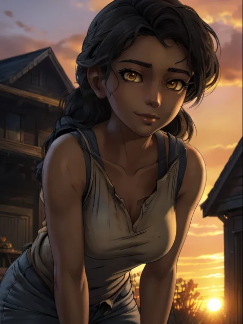 ((ultra quality)), ((tmasterpiece)), clementine from the walking dead, ((black, hairlong)) (beautiful cute face), (beautiful fem...