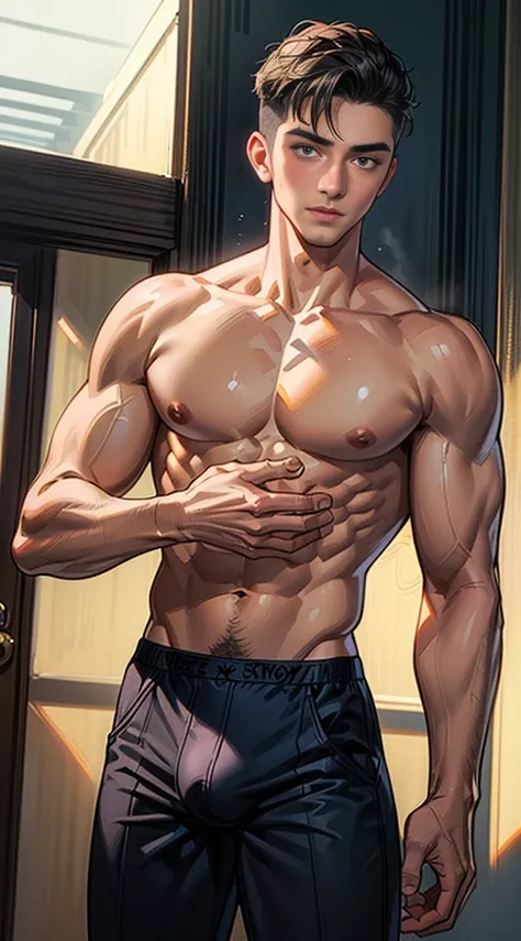 (masterpiece best quality 8k ultra-detailed:1.5) ultra realistic, solo young male muscular handsome (((perfect face,perfect eyes))) ((topless)) (undercut) ((blush,in heat)), (((underwear, big bulge))), (((cowboy shot))), illustration realistic shade  sharp...