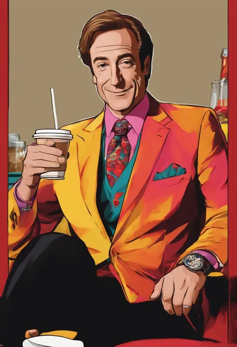 A Boomerang of Saul Goodman sipping a colorful, extravagant latte and winking at the camera,Breaking Bad,Saul Goodman’s appearance is as loud and attention-grabbing as his personality. He typically sports brightly colored suits, often in shades of red or y...