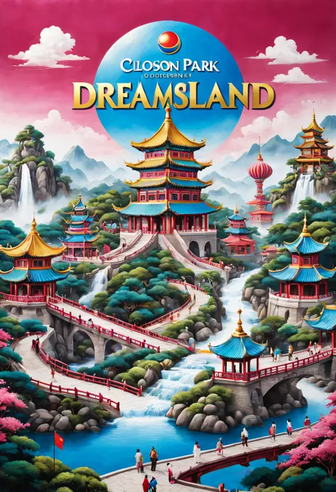 （Poster design：1.3）， (cloisonne theme park poster），（China Cloisonné Theme Park），dreamland dreamland，ultra-realistic realism，Asymmetrical balance ，( magenta ）Carmine＋( blue white colors ）Blue-cyan＋( tin foil gold ）golden colored，