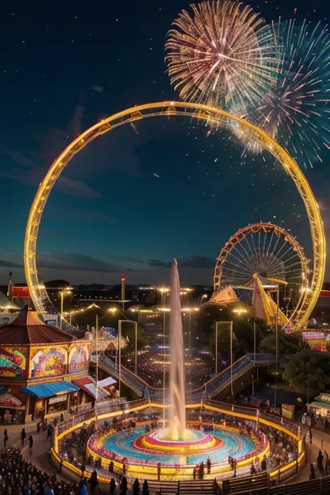 a bustling theme park, vibrant and energetic, with thrilling rides
colorful, joyful, and lively atmosphere
children running and laughing, filled with excitement
carousel spinning, its lights and music creating a magical vibe
roller coasters, looping and tw...