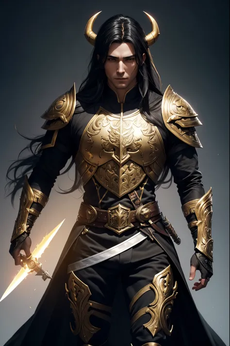 8K,A cool young man from Arafe wearing armor with two swords and a sword., cool super handsome,A demon slayer wearing luxurious jet-black armor.,two golden horns,Long black hair with white mesh color,Slender, muscular and macho body,Luxurious and precise h...