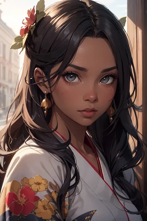 a close up of a black woman with dark chocolate skintone, brown skin, cocoa skin in a kimono outfit with flowers in her hair, a character portrait inspired by Charlie Bowater, trending on Artstation, fantasy art, beautiful avatar pictures, charlie bowater ...