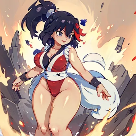 (best quality,ultra-detailed,realistic:1.37) 1girl, solo, Ryuko Matoi, mai shiranui from the king of fighters, beautiful detailed eyes,beautiful detailed lips,smiling with happiness, 25yo, Japanese mature female, wearing a red short kimono, cleavage, matur...