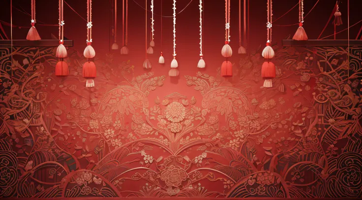 Flat Background Material，couplets，Spring Festival Silk Interweaving，Complex red silk threads interweave the colors of the Spring Festival，red spring couplets，（Super quality，Super meticulous，super complex，extremly intricate）