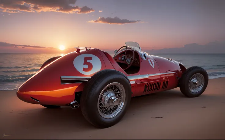 A vintage red Ferrari Formula 1 1952 car with beach, boats and yachts at sunset by Syd Mead