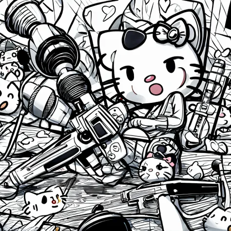 ((hello kitty)),((microphones)),((ak 47)),((line engineering)),((black and white))