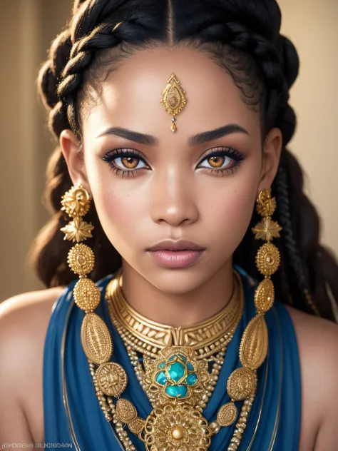 A hyper-realistic close-up portrait of a mixed-race woman of African and Irish ethnicity, with intricate braided hair, em lindo vestido azul com detalhes dourados. Perfect hazel eyes. Um retrato deslumbrante de uma deusa deslumbrante. Sua maquiagem inclui ...