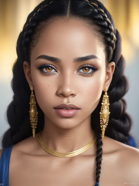 A hyper-realistic close-up portrait of a mixed-race woman of African and Irish ethnicity, with intricate braided hair, em lindo vestido azul com detalhes dourados. Perfect hazel eyes. Um retrato deslumbrante de uma deusa deslumbrante. Sua maquiagem inclui ...