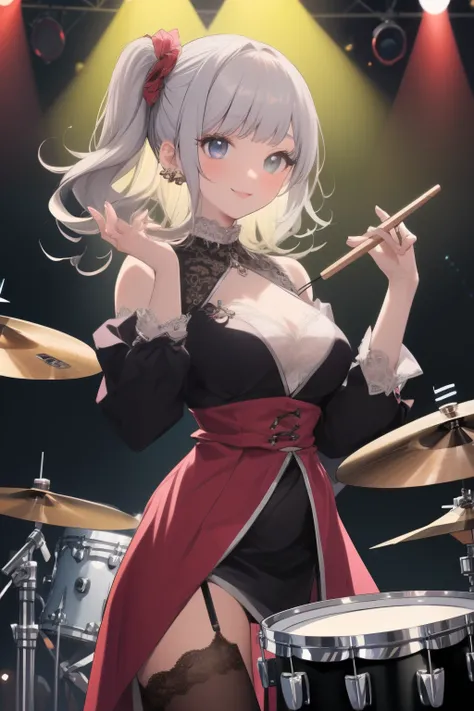 This illustration depicts a silver-haired girl with medium-length hair playing the drums on stage. She waved her drumstick confidently, Give yourself to music. Silver hair dances gently，Perform with energy and energy. The stage lights illuminated her, The ...