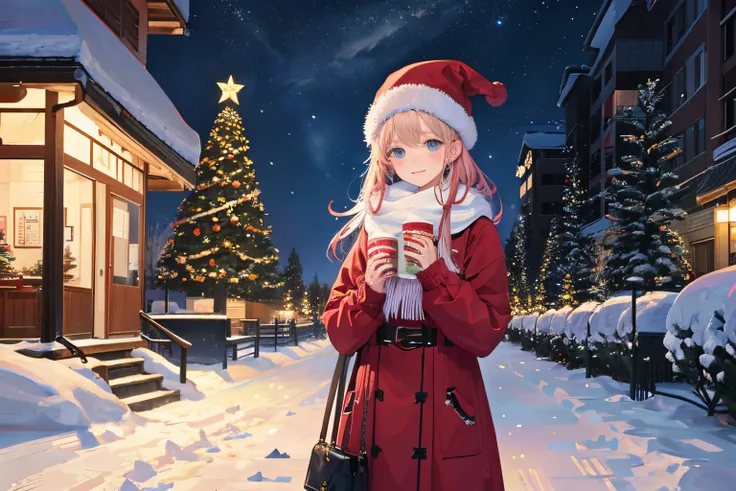 girl with、Lots of snow、Lots of snowflakes、Christmas tree、There are many decorations on the tree、colorful decorations、Winters、Lots of stars、There are many city lights in the distance