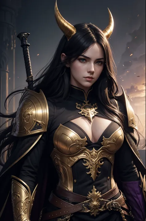 8K,A cool young man from Arafe wearing armor with two swords and a sword., cool super handsome,A demon slayer wearing luxurious jet-black armor.,two golden horns,Long black hair with white mesh color,Slender, muscular and macho body,Luxurious and precise h...