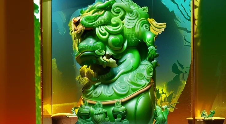 There is a glass case，There is a lion statue inside, animal shaped statue, Jade Dragon Statue, statue made of glass, jade sculpture, jade scales, huge animal statue, In line with ancient Chinese aesthetics, in forbidden city, Chinese art,   Chinese,