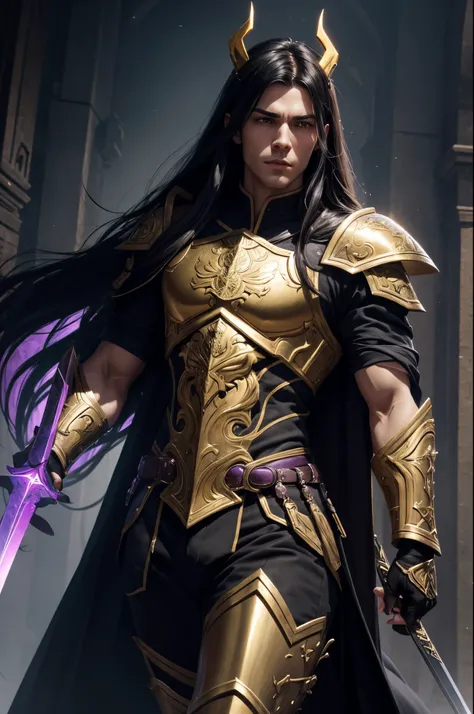 8K,A cool young man from Arafe wearing armor with two swords and a sword., cool super handsome,A demon slayer wearing luxurious jet-black armor.,two golden horns,Long black hair with white mesh color,Slender, muscular and macho body,Luxurious and precise h...