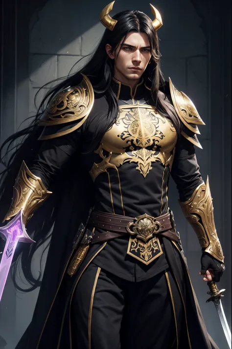 8K,A cool young man from Arafe wearing armor with two swords and a sword., cool super handsome,A demon slayer wearing luxurious jet-black armor.,two golden horns,Long black hair with white mesh color,Slender, muscular and macho body,Luxurious and precise h...