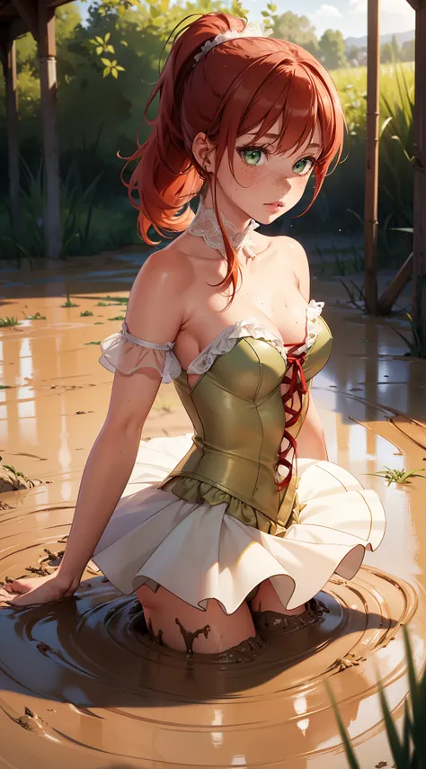 1girl, natural lighting, masterpiece, highly detailed, illustration, game CG, absurdres, high quality, redhead, green eyes, freckles, glossy lips, blush, ponytail, (garden), white strapless lace-up leotard, standing, tutu, (medium breasts), (sinking in mud...