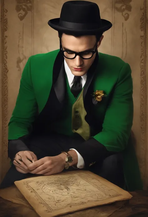 A vintage quill pen and parchment with intricate scribblings and cryptic symbols,Batman,Ed is tall with neat black hair, glasses, wears a green suit, wears a bowler hat, famously portrayed by Cory Michael Smith, male