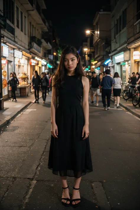 Vietnamese girl, long dress, street, night, cats