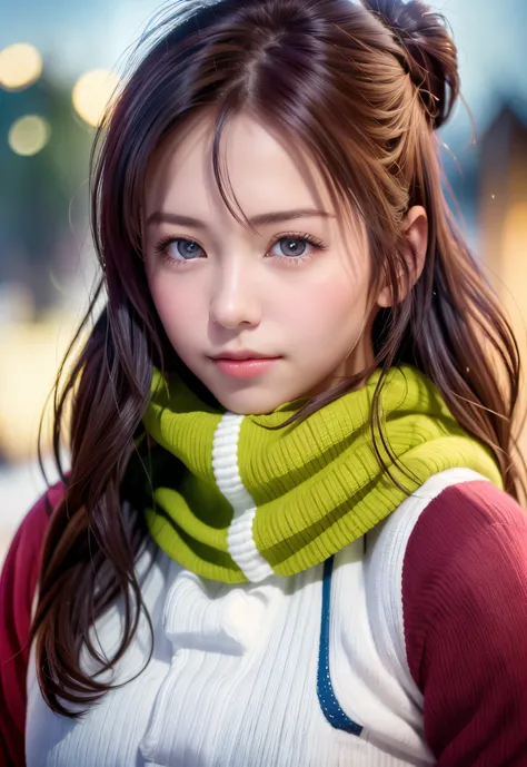 8K, of the highest quality, masutepiece:1.2), (Realistic, Photorealsitic:1.37), of the highest quality, masutepiece, Beautiful young woman, Pensive expression,、A charming、and an inviting look, skiing、snowboarder、Ski Wear, Hair tied back, Cinematic backgrou...