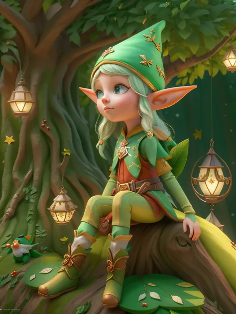 There are many elves sitting in the trees，with decorations, the elf, artstation for kids art, Stylized 3D rendering, Elf sitting on the couch, Cute 3d rendering, elves house, of the tree, 3d character, Christmas tree, lalafell, stylized 3d, the elf, styliz...