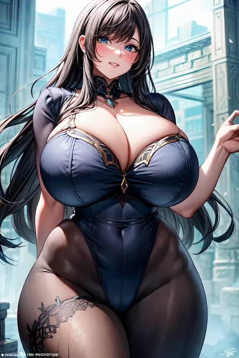 (masterpiece:1.2, best quality), realistic, (real picture, intricate details, depth of field), (1girl, solo), highly-detailed, gorgeous perfect face, (huge breasts:1.8), (skindentation), thick thighs, wide hips, average waist, tall, beautiful blue eyes, (A...