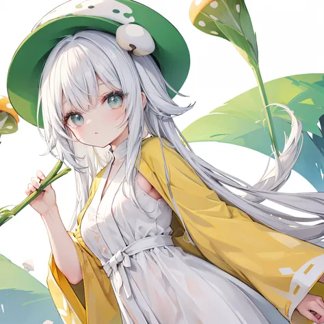 mushroom shaped hat，Cute girl，white color hair，Wearing a yellow-green robe，