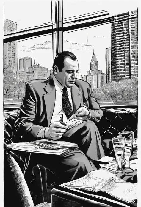 A photo of Tony sketching a skyline in a moleskine notebook,The Sopranos,Tony Soprano, the fictional mob boss in “The Sopranos,” is a physically imposing figure, with a broad, stocky build, and a face that often shifts between a charming smile and a menaci...