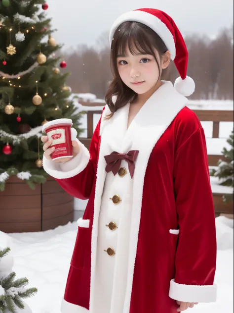 One beautiful woman、12year old 、FULL BODYSHOT、perspiring、NSFW、santa costume、snowscape