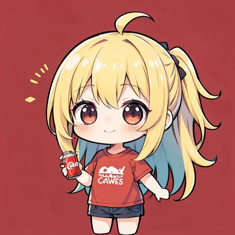 ​masterpiece, Top  Quality,   1girll、cartoon bones、 chibi:1,chibi kiara,cowboy shots, I&#39;m smiling, a blond, Long hair, Overfit red t-shirt, holding cola in hand, Colorless plain background