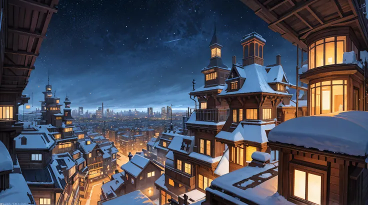 a cubism painting of a Cyberpunk city,with a lot of houses in the snow with a night sky background, Andreas Rocha, matte painting concept art, a detailed matte painting