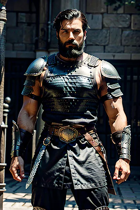 Create an image of a man with an athletic and muscular body with short black hair and short black beard. He is a warrior with a chainmail armor and two longswords.