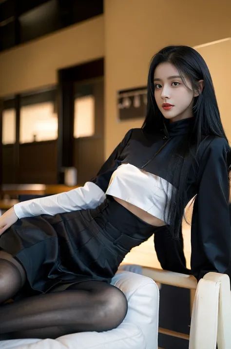 The most real，One wears a black hip skirt，blackstockings，White color blouse，The expression is very eye-catching，currently leading，perfect body figure