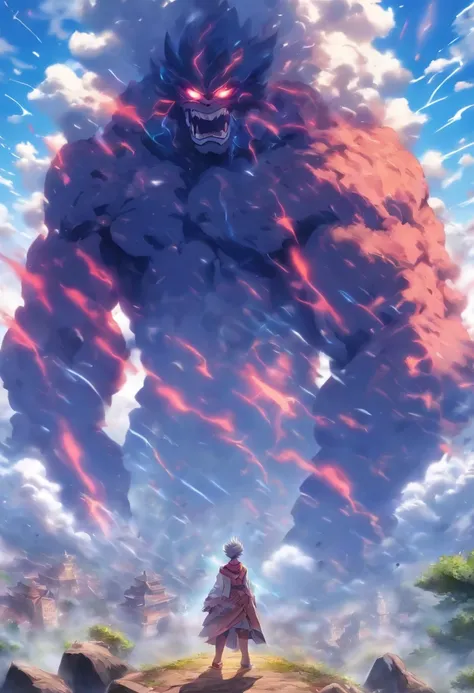 Best quality，tmasterpiece，8K，Detailed details，hyper-high detail，Mountain giant，Rock giant，Humanoid monster made of rock，Raise both hands，Smash the ground wildly，The earth cracks，废墟，with smoke and dust filling the air，smooggy，The body passes through the clo...