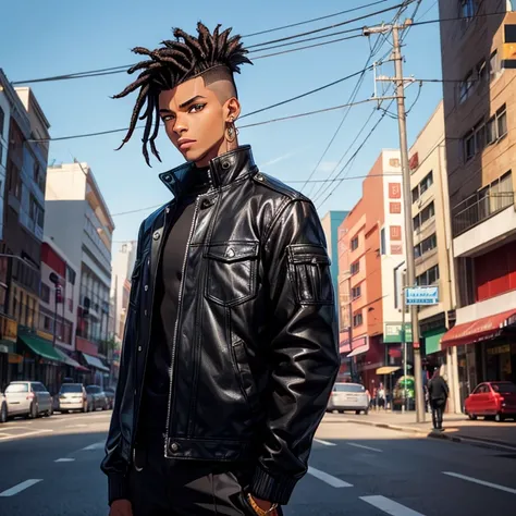 best quality, detailed, African american, male, standing alone, wearing a jacket, black hair, singular person, young adult, shaved sides, emo hair, dreads